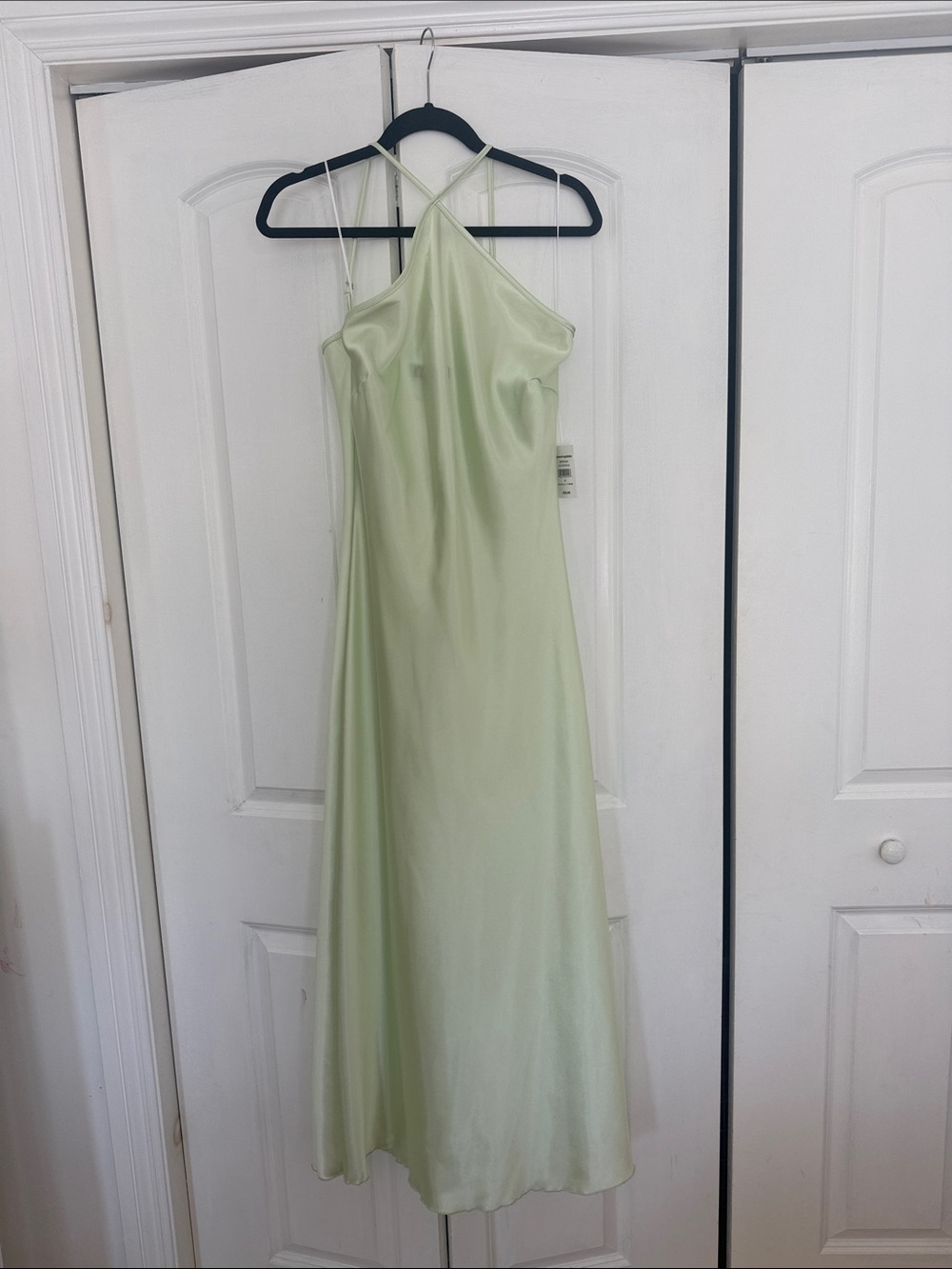 bebe Pale Mint Satin Maxi Slip Dress with Crisscross Straps